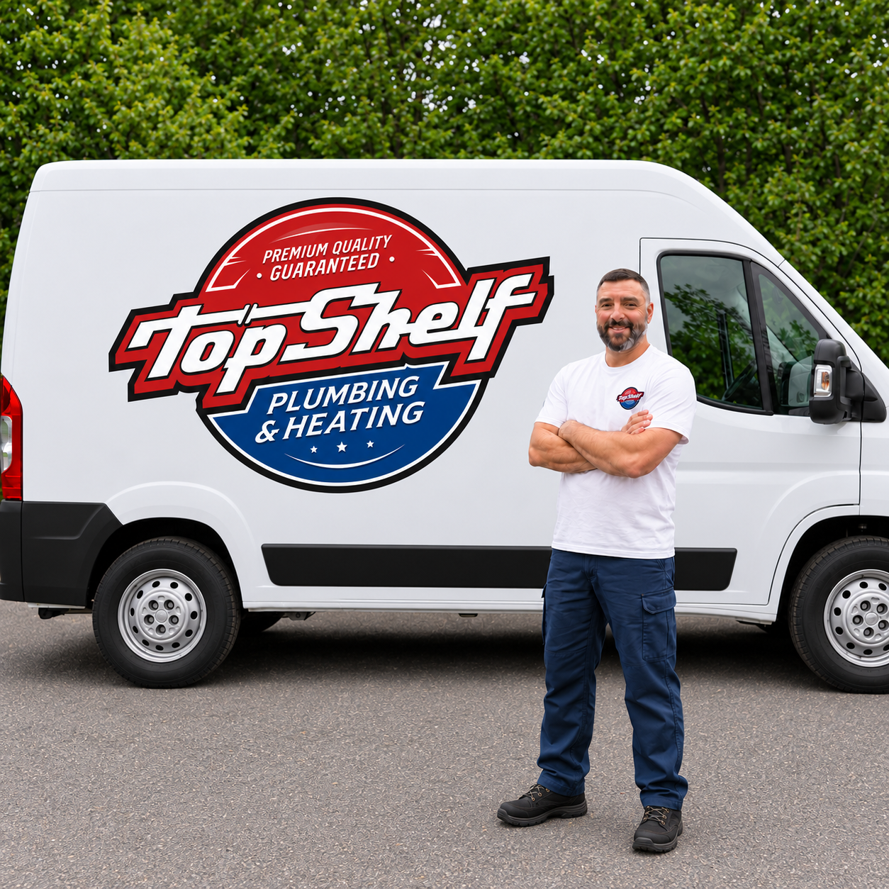 Joshua Rivard, owner and lead plumber of Top Shelf Plumbing & Heating, standing in front of the company service van in Lowell, MA